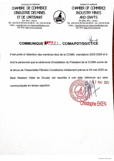 COMMUNIQUE N° 021 CCIMA/PDT/SG/CT/CE