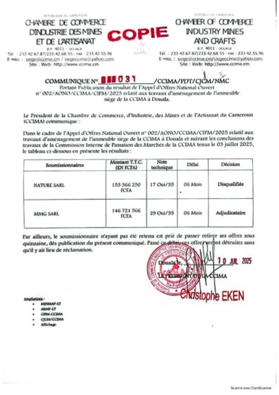 COMMUNIQUE N°000031/CCIMA/PDT/CJCM/NMC Portant Publication du résultat de l’Appel d’Offres National Ouvert n° 002/AONO/CCIMA/CIPM/2025