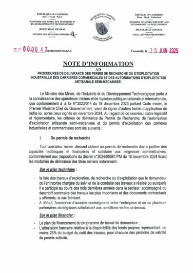 NOTE D’INFORMATION a/s PROCEDURES DE DELIVRANCE DES PERMIS DE RECHERCHE OU D’EXPLOITATION INDUSTRIELLE DES CARRIERES COMMERCIALES ET DES AUTORISATIONS D’EXPLOITATION ARTISANALE SEMI-MECANISEE